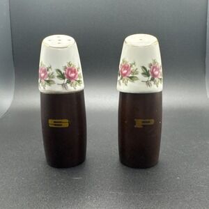Vtg Nevco Teak Wood Floral Porcelain Salt & Pepper Shakers Mid Century Boho 4"